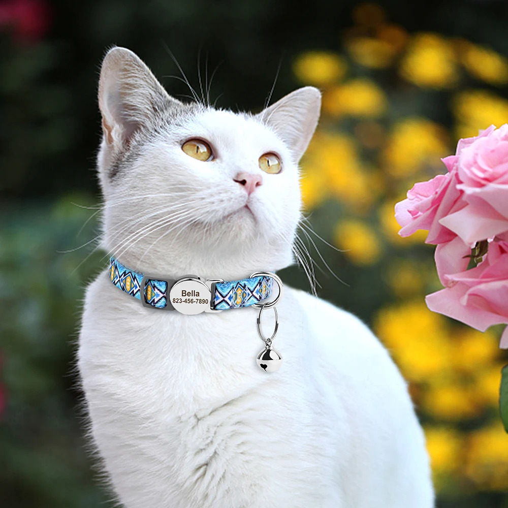 Chat qui porte un Collier bleu à motif pour Chat Personnalisable Anti-Étranglement avec une clochette