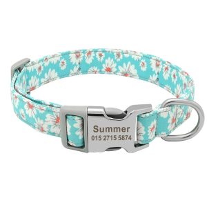 Collier Gravé bleu cyan motifs fleur pour Chat